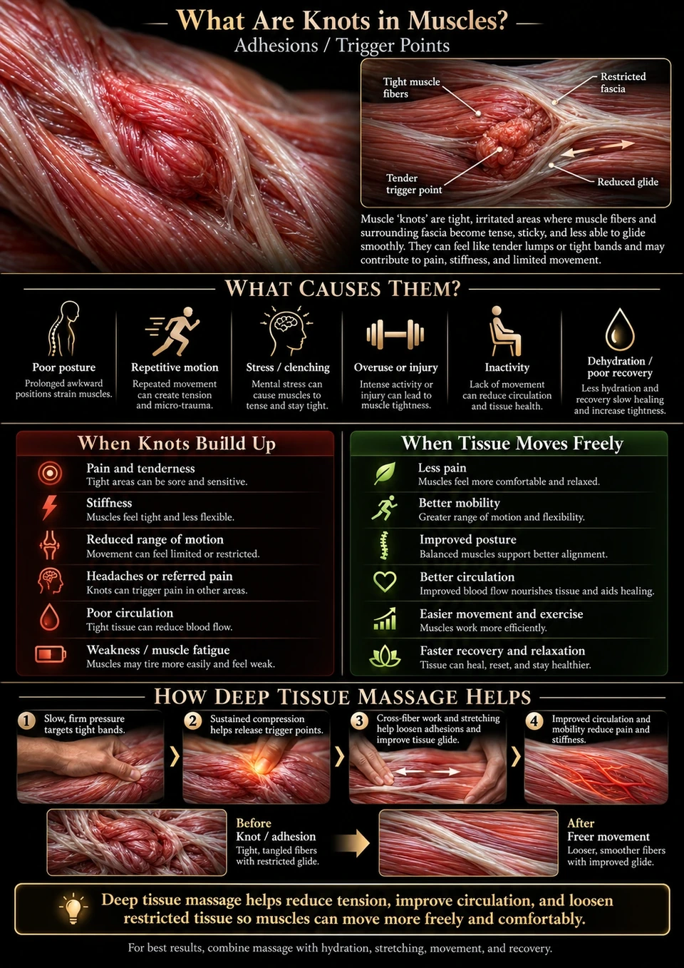 Educational graphic about muscle knots, common contributors to tension, and deep tissue massage