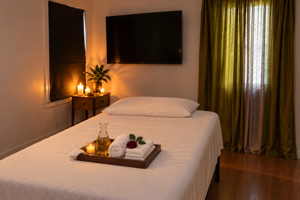 An empty massage table with white linen, towels, massage oil and a rose in Nia’s current Tower District, Fresno studio