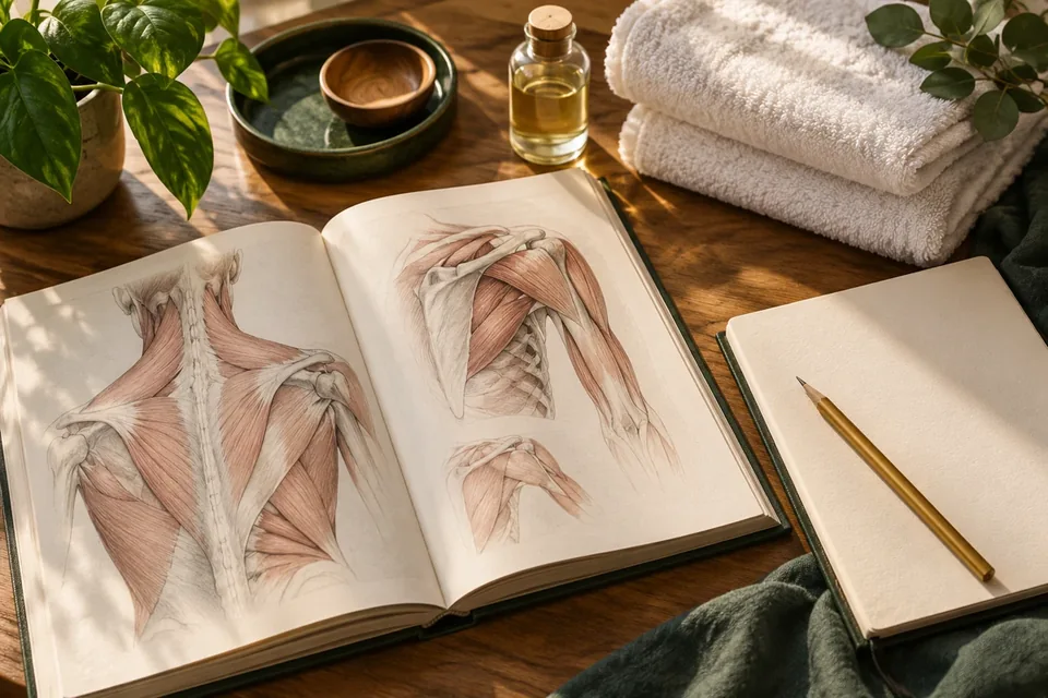An open anatomy study book, a notebook, folded towels and massage oil in warm studio light