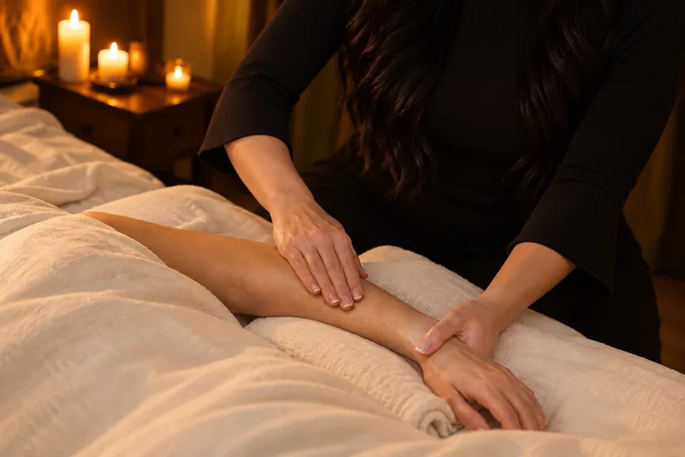 Overhead detail of flowing massage strokes along a supported forearm