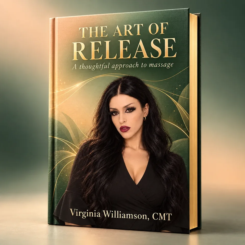 Concept hardcover book The Art of Release, featuring a sage-to-peach gradient, Nia’s portrait, and the author line Virginia Williamson, CMT