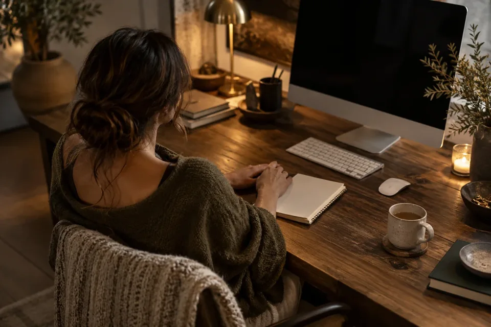 Designer at a desk, viewed over the shoulder